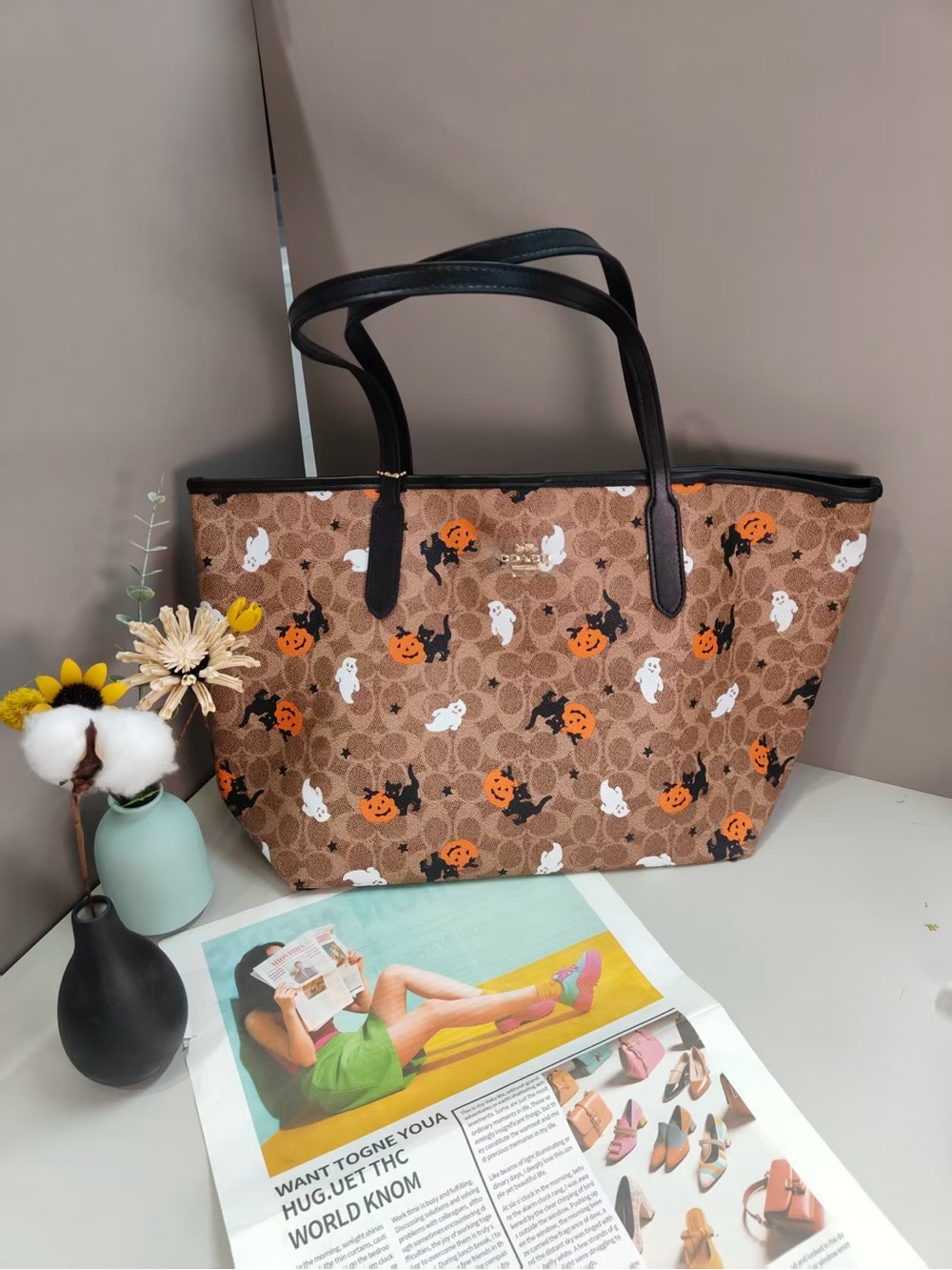 COACH City Tote In Signature Canvas Halloween Graphic Print Leather Bag Purse